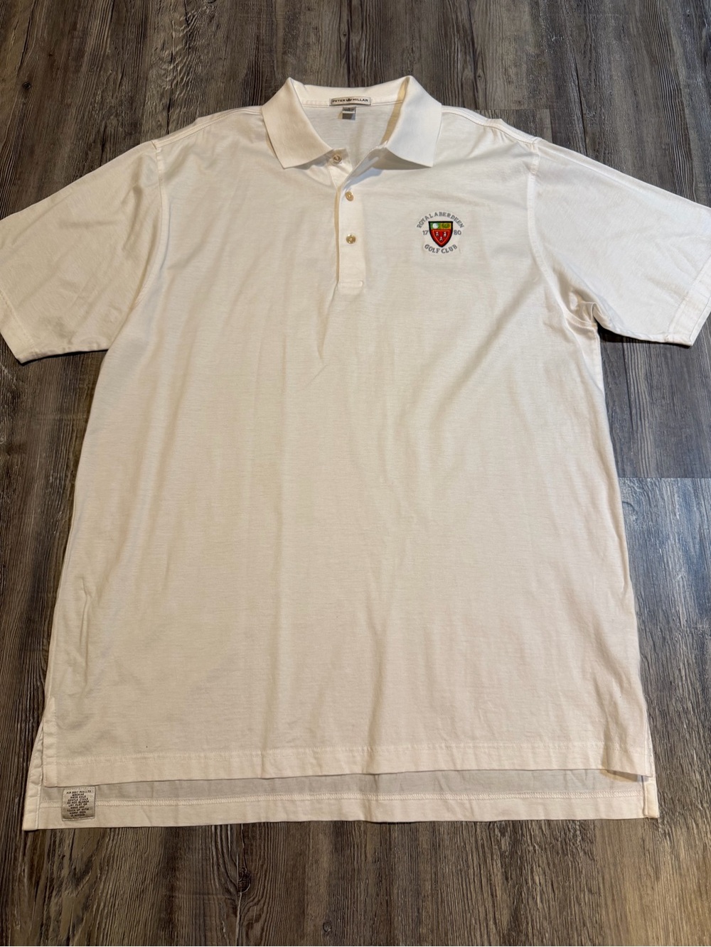 Peter Millar sz large Men's White Polo Shirt w/ Royal Aberdeen Golf Club crest.